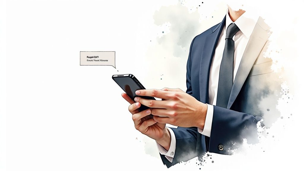 Un homme en costume utilise un smartphone, avec une bulle de dialogue affichant une notification.
