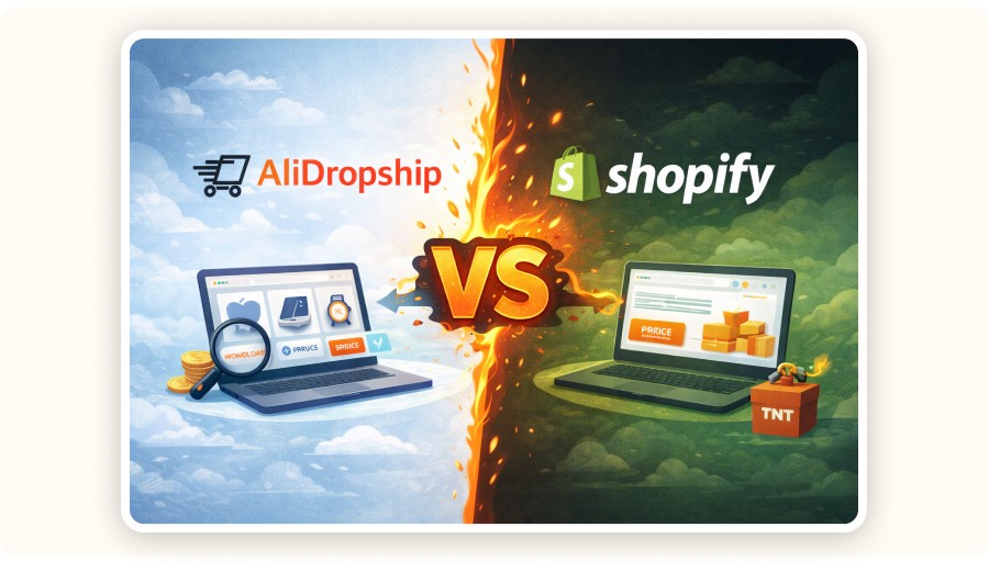 Illustration comparing AliDropship and Shopify platforms for dropshipping