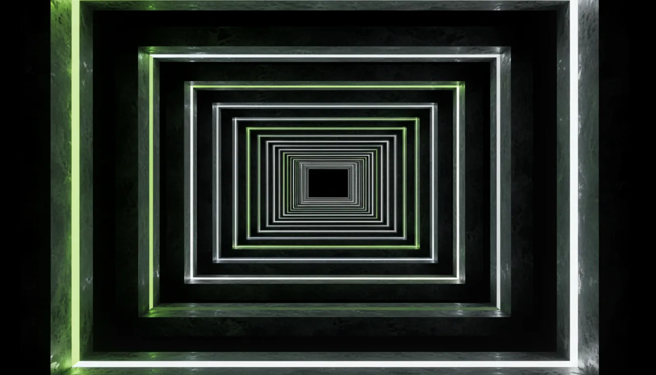 3D render of a symmetrical, futuristic data corridor viewed head-on, creating a sense of infinite recession. The structure is a repeating matrix of square frames made from dark, distressed metal with specular highlights. The frames on the left are outlined with vibrant lime green emissive neon strips, and the frames on the right are outlined with cool white emissive neon strips, all against a pure black background. Blender style, high contrast, digital abstraction.