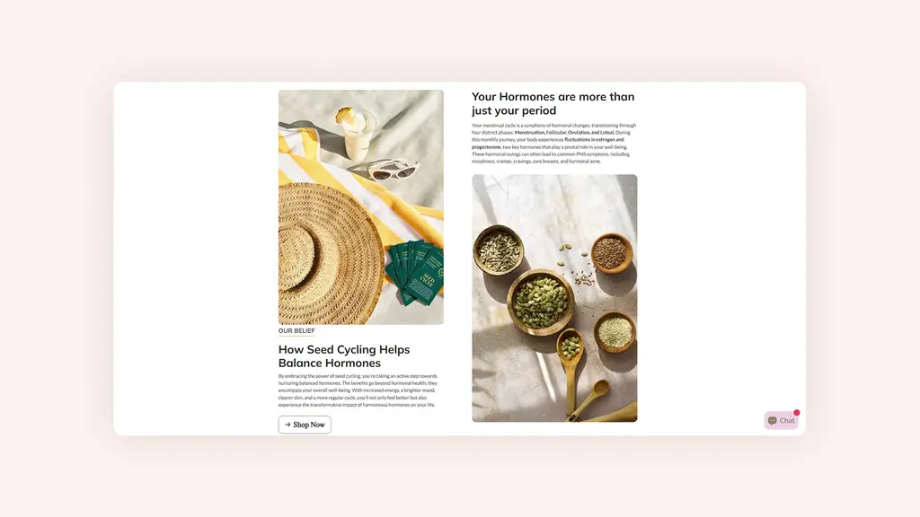 Section du site Seed Cycle expliquant les bienfaits du seed cycling pour l'équilibre hormonal naturel — "Your Hormones are more than just your period"