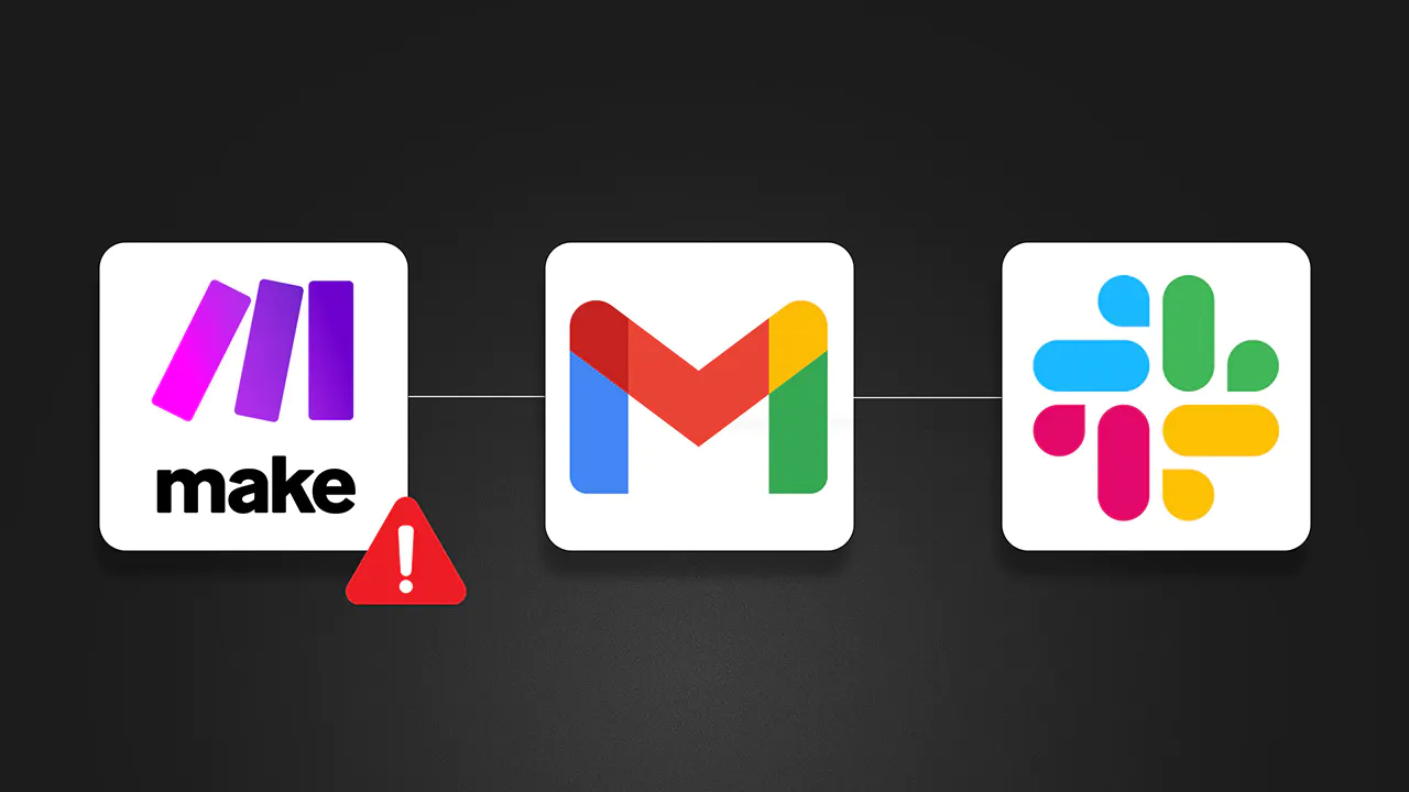 Make.com, Gmail, and Slack logos connected in automation workflow: Lucas Ostrowski's no-code solution for error notifications. Make.com logo with alert icon, showcasing integration of popular productivity tools for streamlined business processes and efficient communication in automation systems.