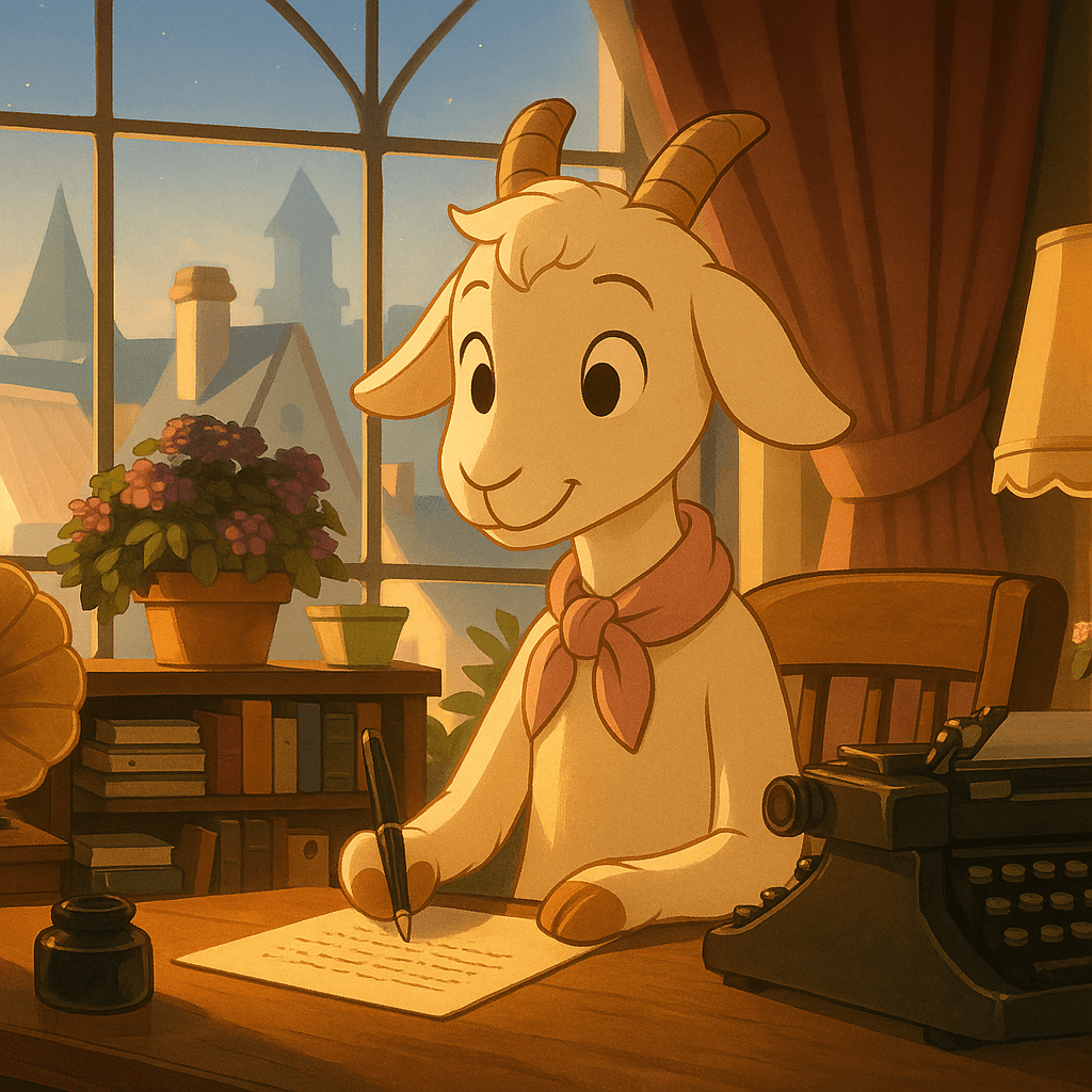 Une chèvre anthropomorphique, au pelage clair et aux petites cornes brunes, est assise à un bureau en bois ancien. Elle porte un foulard rose noué autour du cou et écrit soigneusement sur une feuille avec une plume trempée dans un encrier. À côté d’elle, une vieille machine à écrire et une lampe à abat-jour donnent une atmosphère rétro et chaleureuse. Derrière, une grande fenêtre laisse entrer la lumière du soir, révélant les toits d’une ville aux allures médiévales. Illustration réalisée par le studio TaleMe.