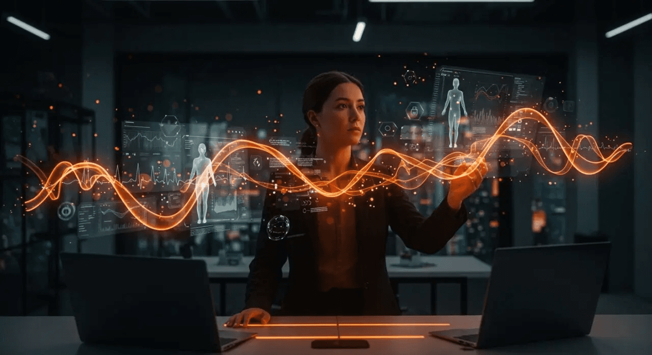 Una mujer profesional en un entorno de oficina moderno interactuando con datos digitales y gráficos flotantes, lo que sugiere analítica de salud.