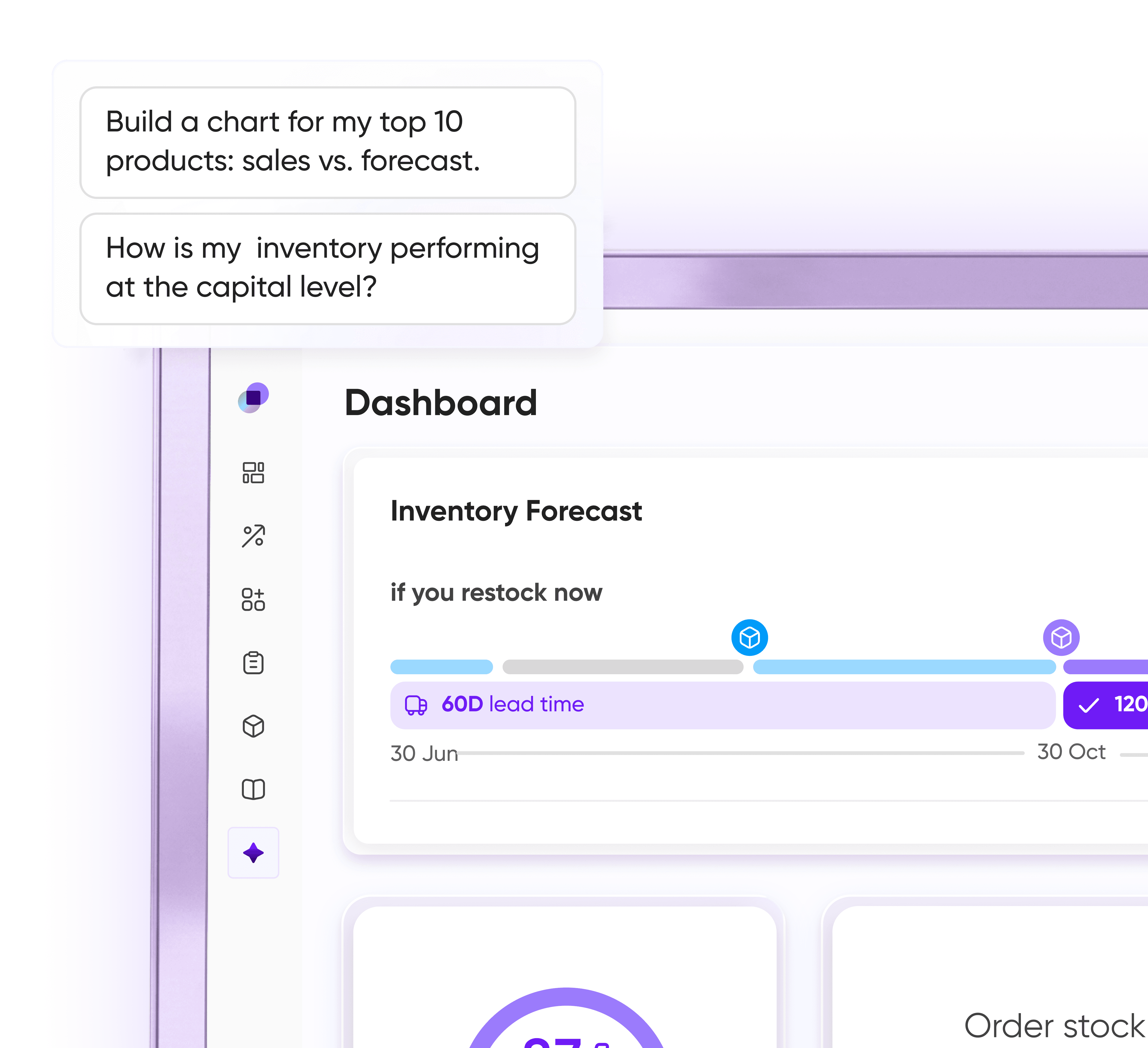 Tightly inventory software account balance graph with $5,630 shown and a limit reminder toggle.