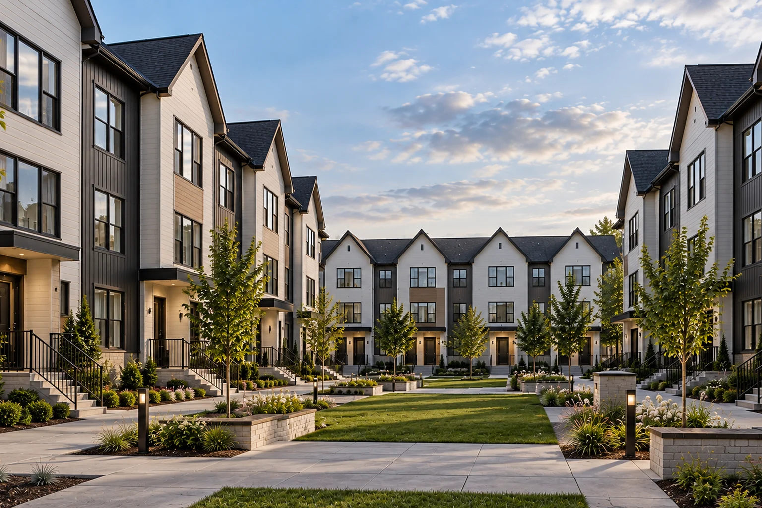 Modern townhouses around a landscaped courtyard
