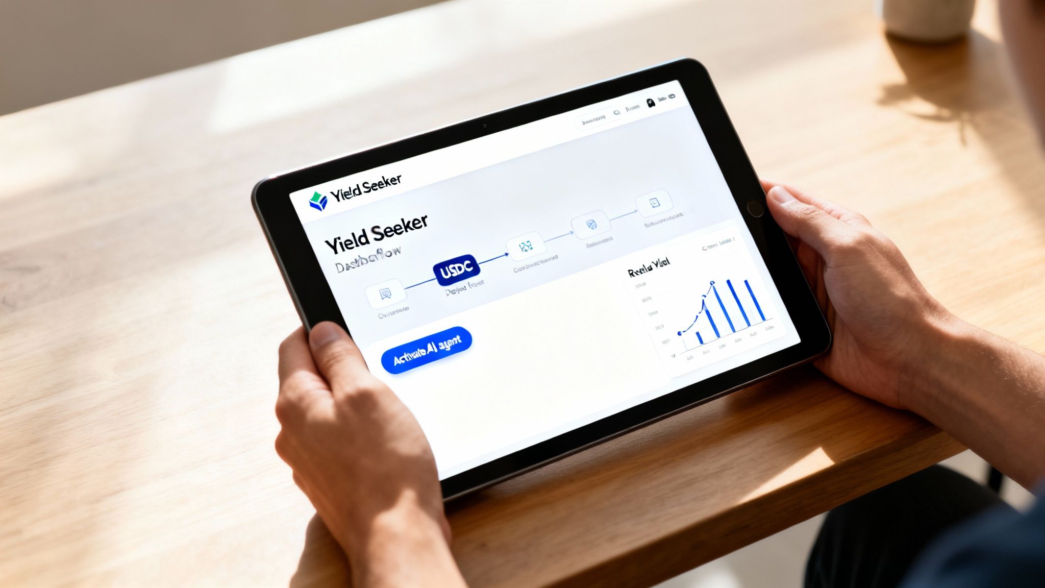 A person holds a tablet displaying a 'Yield Seeker' financial dashboard with an AI agent button.