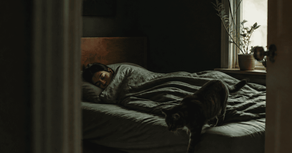 A person asleep in a dim bedroom under a green duvet while a cat steps across the foot of the bed, seen through a doorway (AI-generated image)