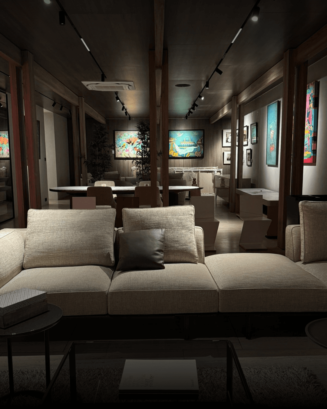 a room with a couch and a table