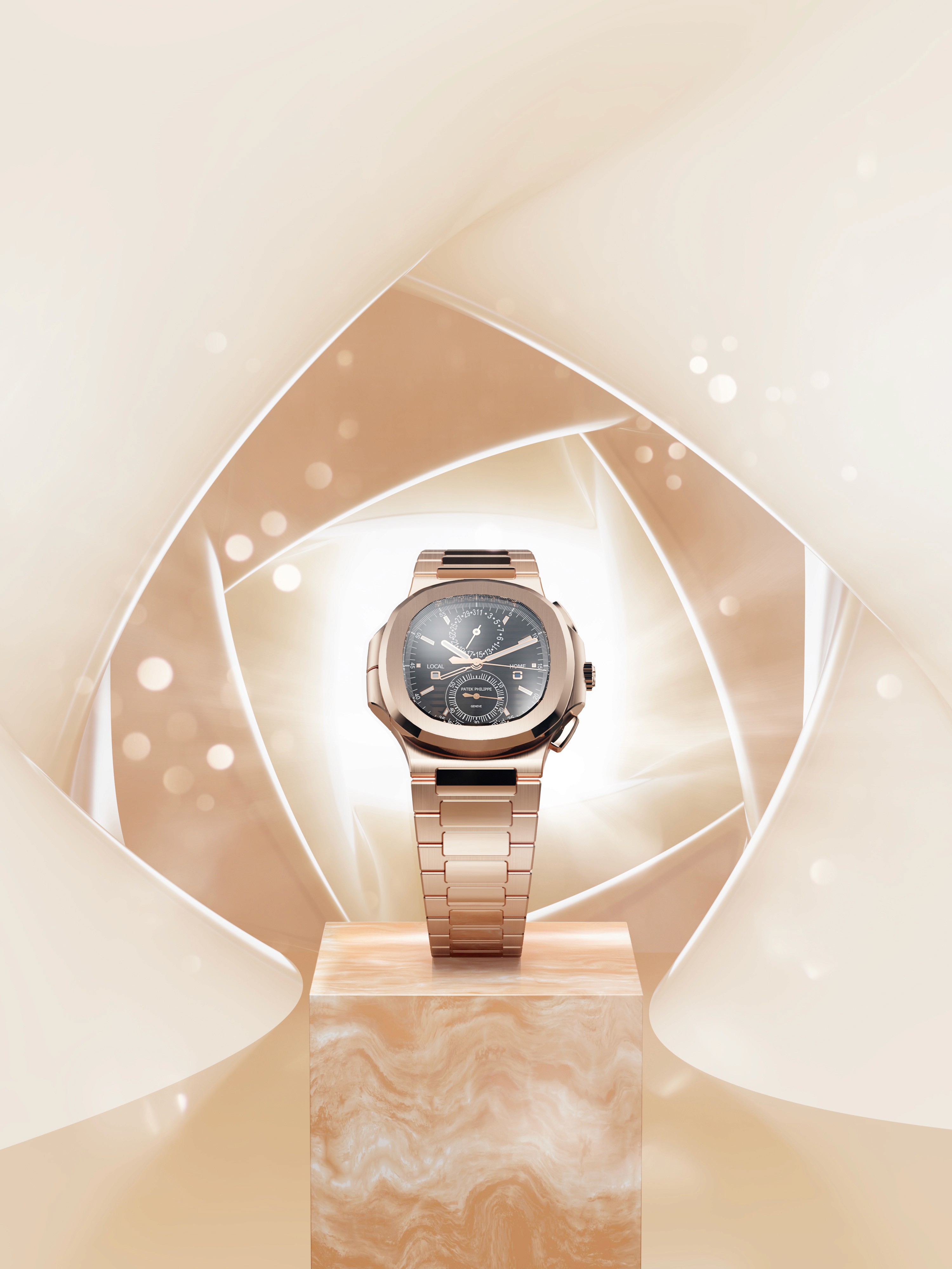 Render 3d di orologio Patek Philippe in oro rosa con quadrante nero, in stile advertising.