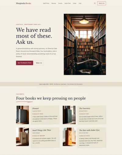 Independent bookshop website template preview with staff picks and events