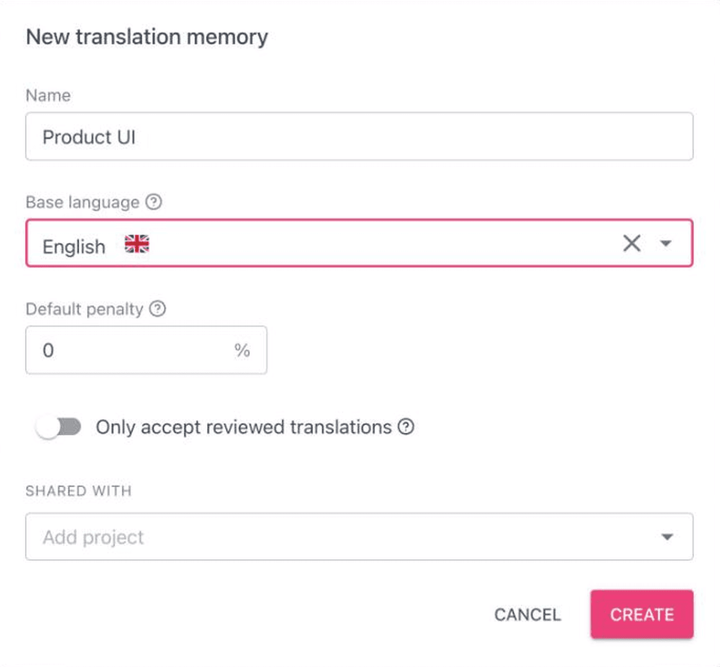 The New translation memory dialog with Name set to Product UI, base language English, default penalty 0% and the reviewed-only toggle off.