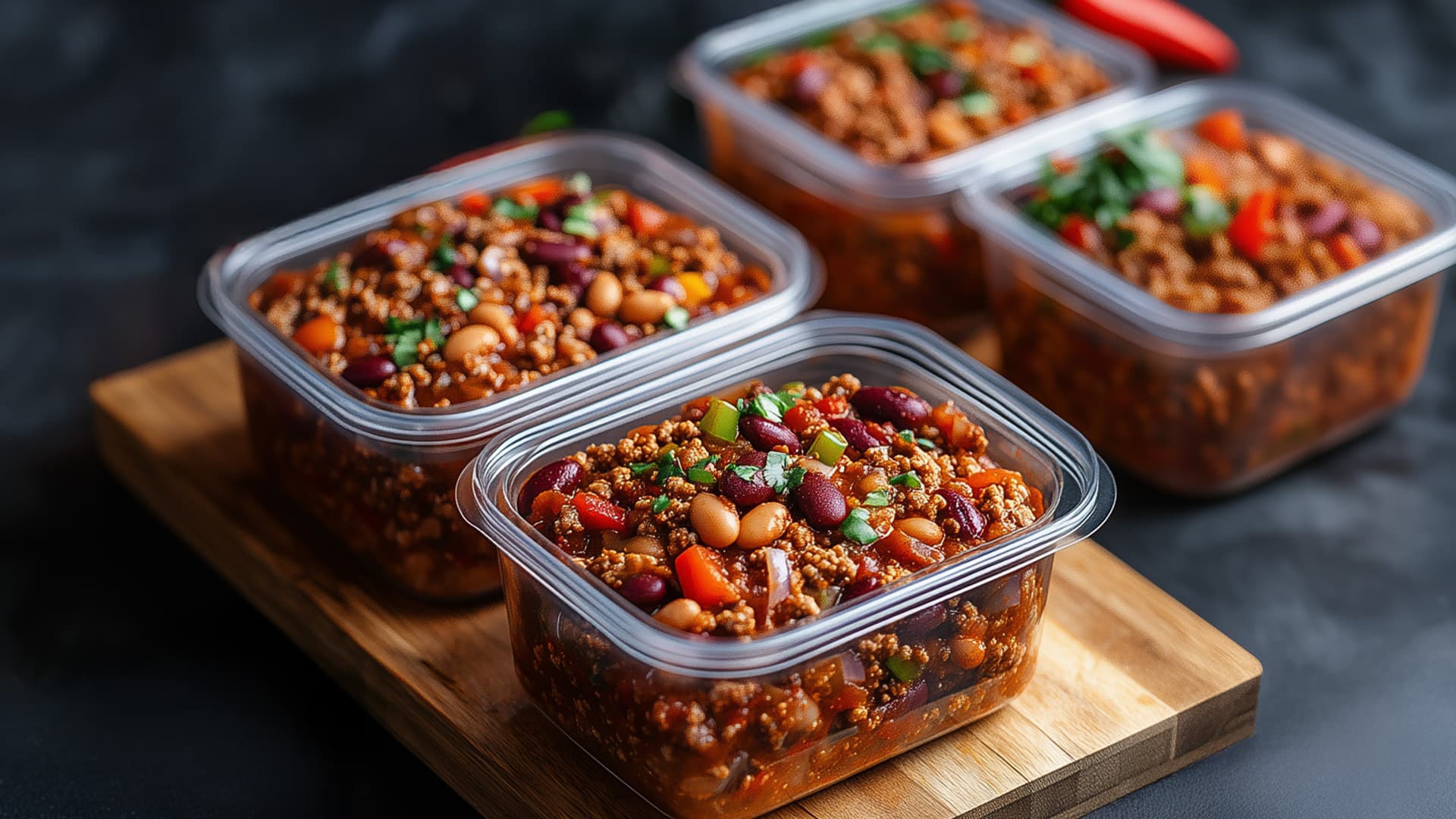 Mehrere Meal-Prep-Behälter mit High-Protein Chili, fertig zum Einfrieren oder Mitnehmen.