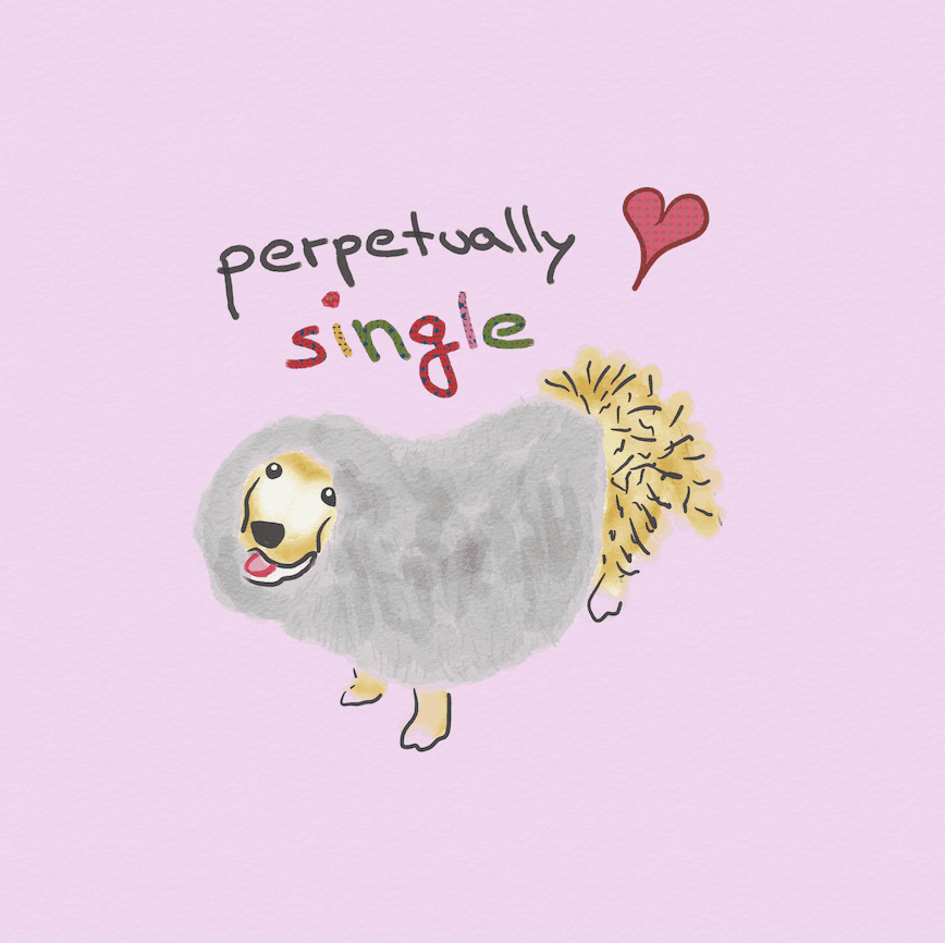 An illustration of a golden retriever wrapped in a blanket. The handwritten headline of "Perpetually Single" above, written in colorful letters. This serves as the album cover of the song and music video titled "Perpetually Single"