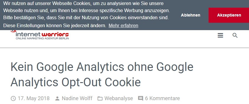 neuer Cookie Hinweis auf internetwarriors Webseite