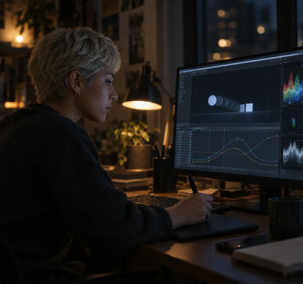 Diseñadora de motion graphics ajustando curvas de animación con un lápiz digital