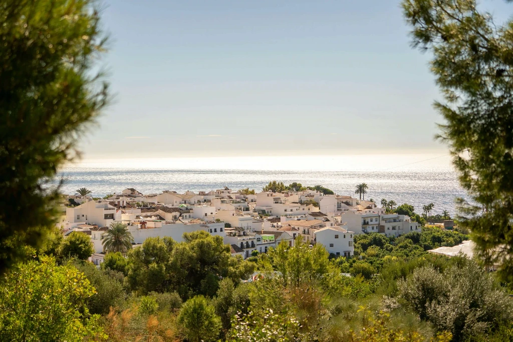 Mediterranean-style coastal village with white buildings nestled among trees, facing a calm, sunlit sea