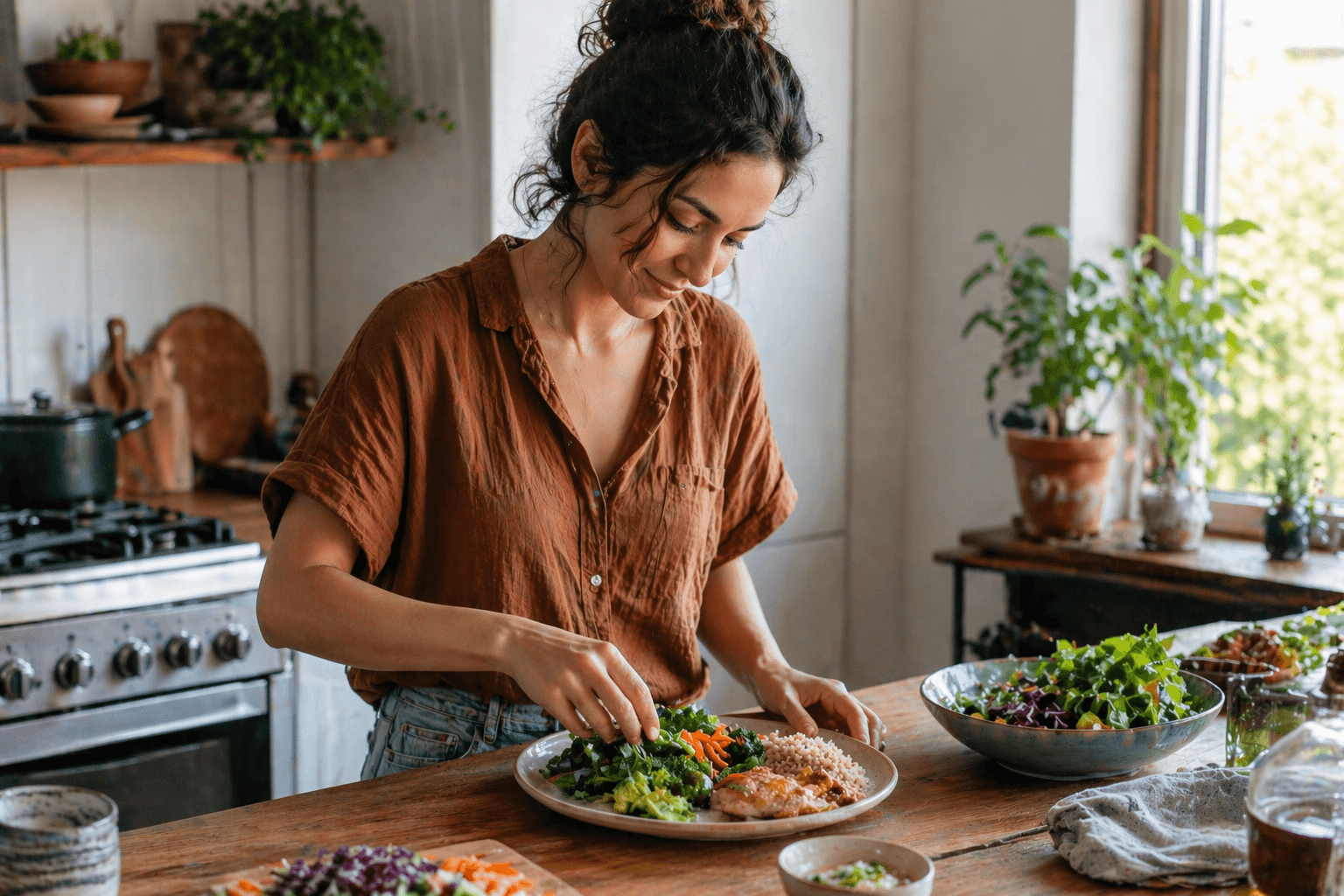 Woman building a balanced plate to create a natural calorie deficit without tracking or counting