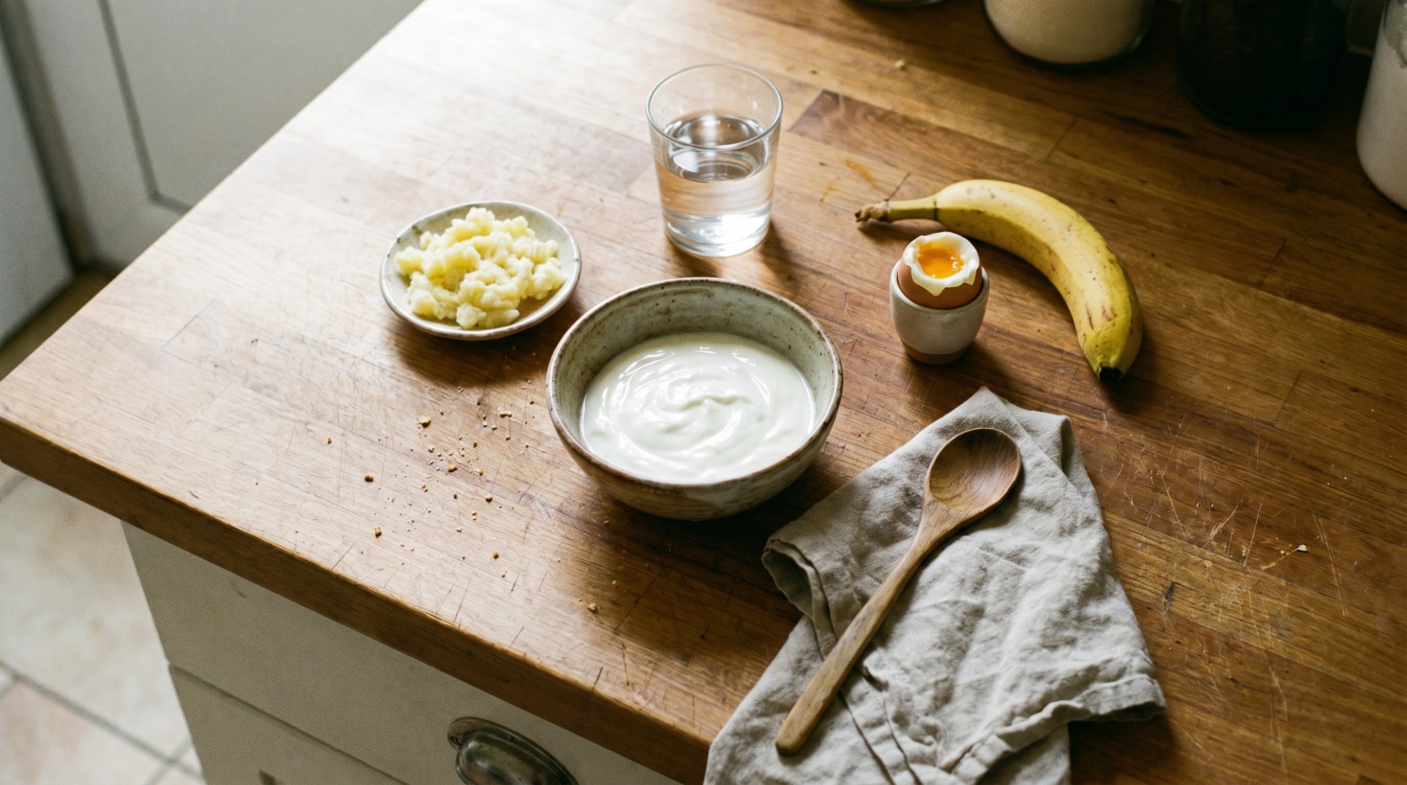 Overhead view of soft foods including yogurt, mashed potatoes, banana, and egg on a kitchen counter