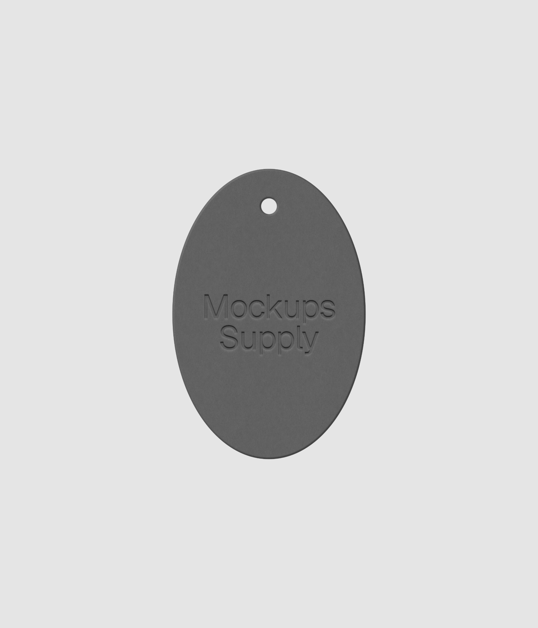 White vertical oval clothing tag featuring embossed logo design on dark backdrop for premium brand identity 2x3 mockup