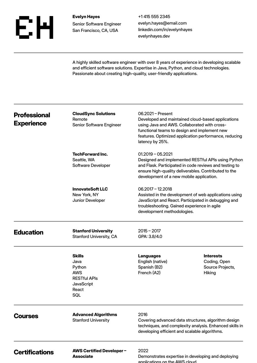 Senior software engineer resume example emphasizing technical leadership, architecture, and long-term impact