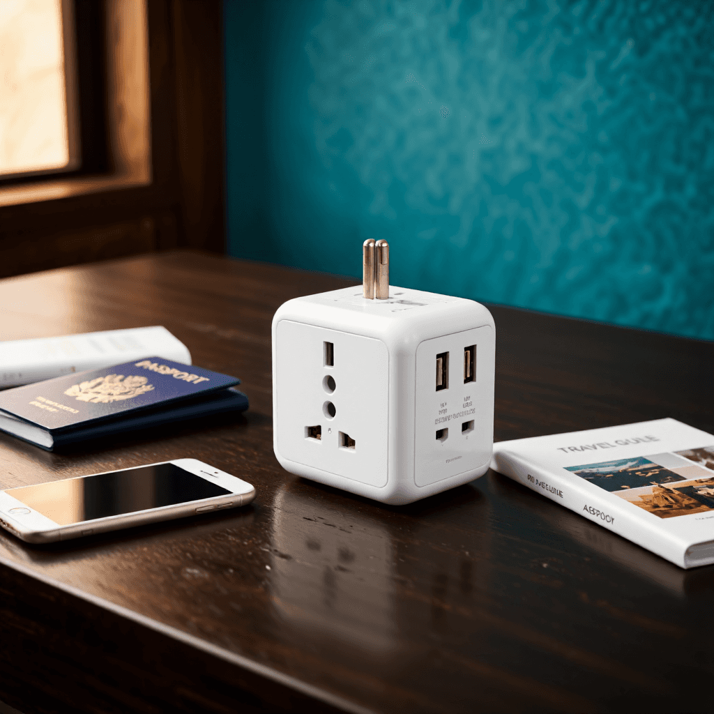 product photography of a travel adapter with USB ports