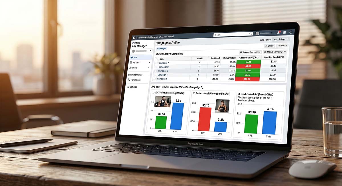 Pay per lead marketing agency media buying dashboard comparing ad creative performance and cost per lead