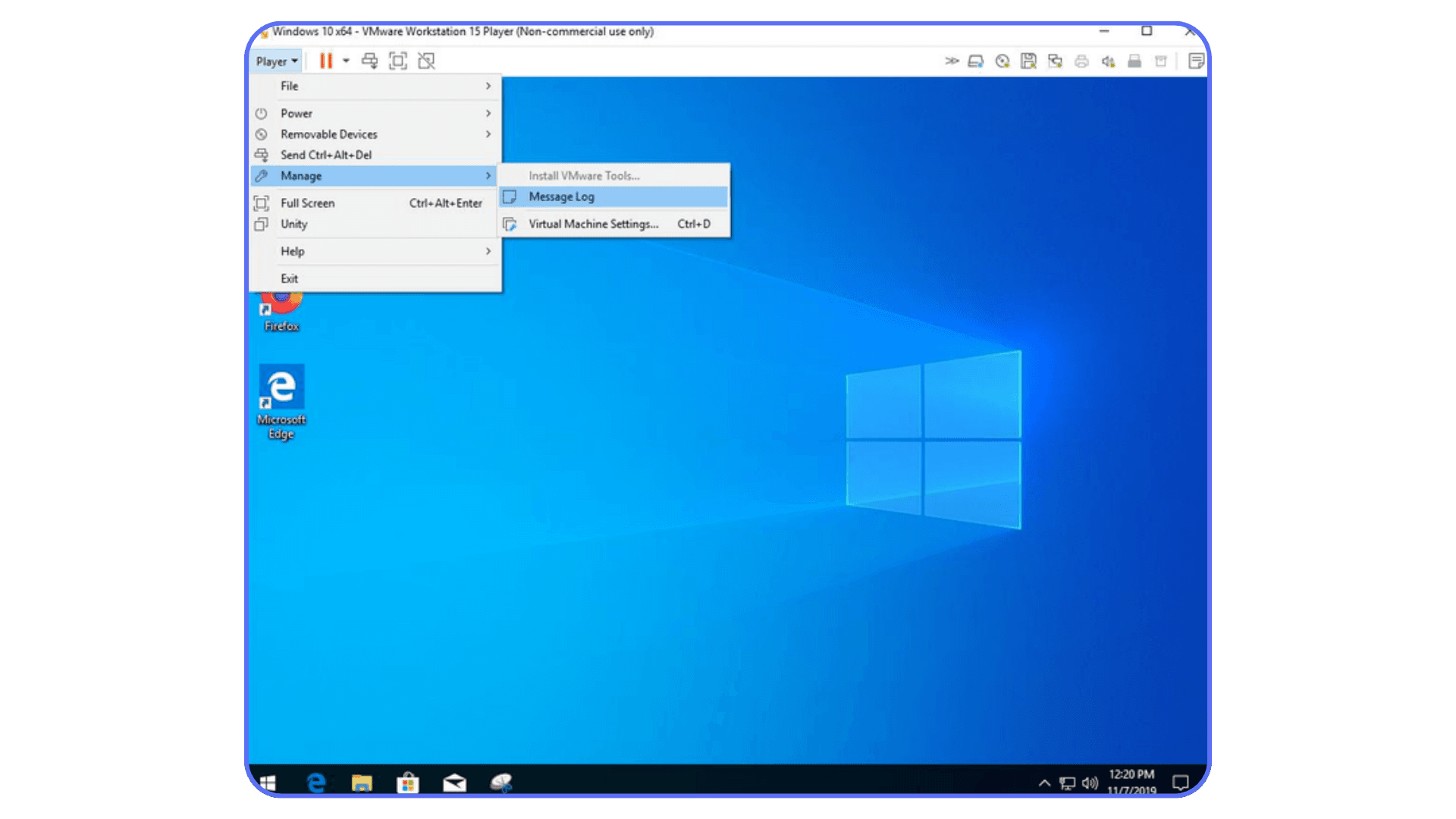 Installing VMware Tools from the Manage menu in VMware Workstation on a Windows 10 virtual machine.