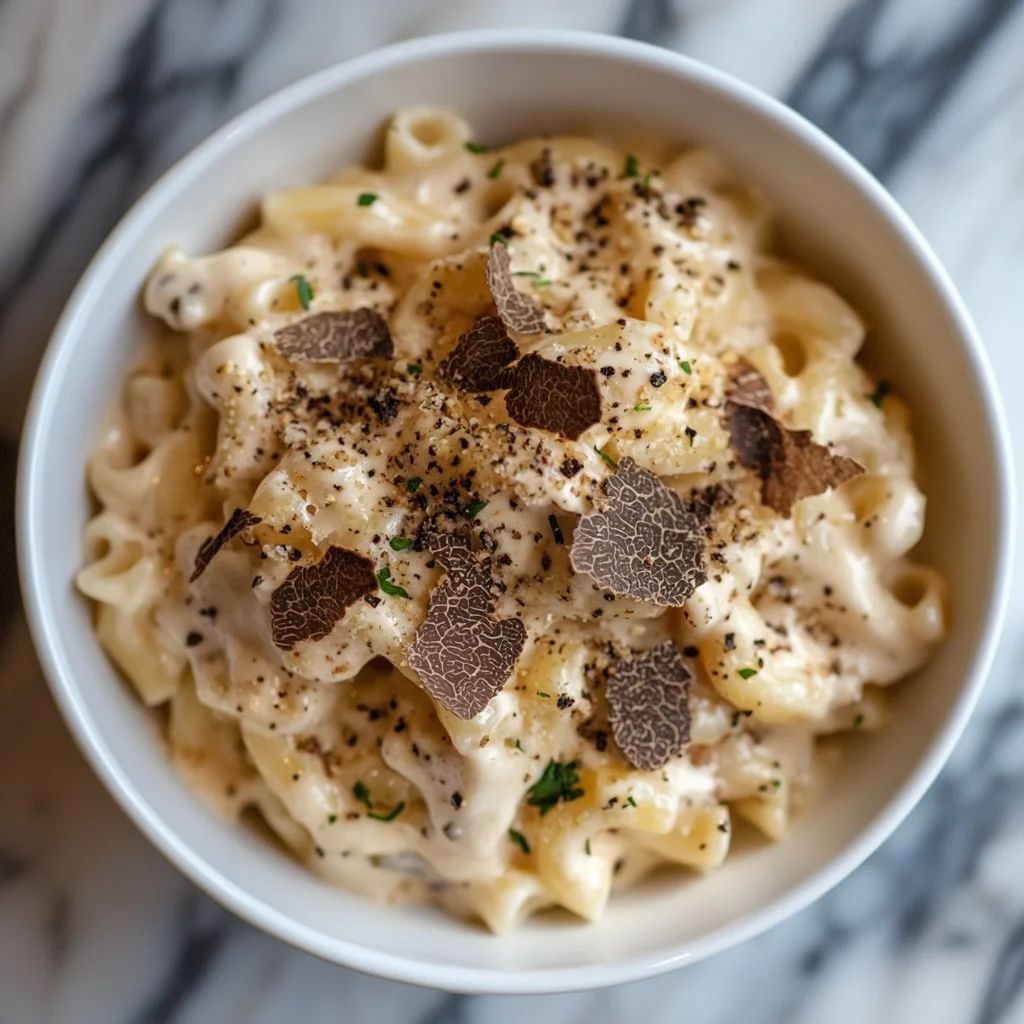 Truffle Mac & Cheese from PASTA 9 Toronto, baked macaroni in creamy truffle Alfredo with a golden Parmesan crust.