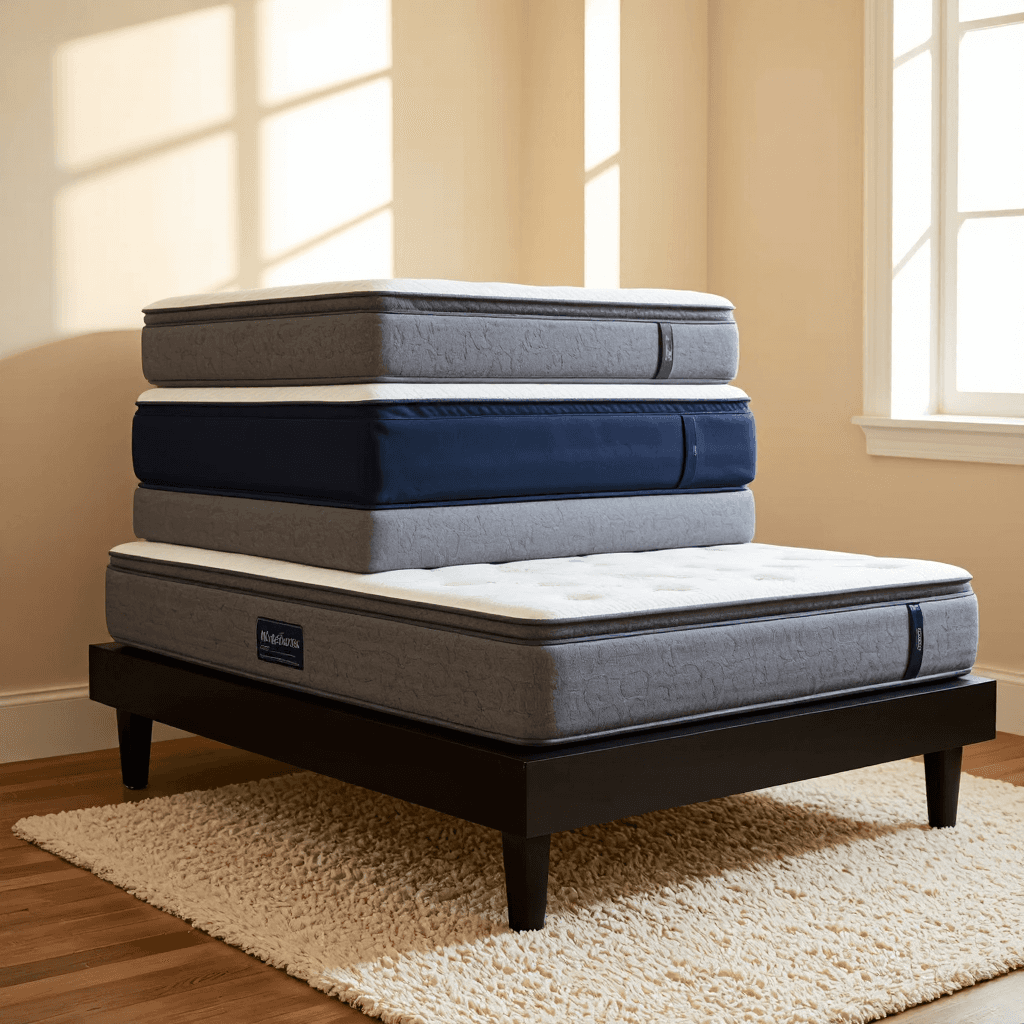 product photography of a set of mattresses stacked on a bed frame