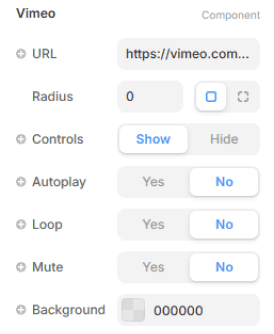 Paramètres du composant Vimeo dans Framer avec contrôle de lecture et autoplay