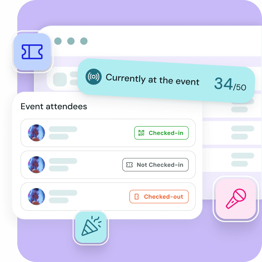 Lounge live attendance dashboard showing real-time guest check-ins, check-outs, and capacity tracking across chapter events