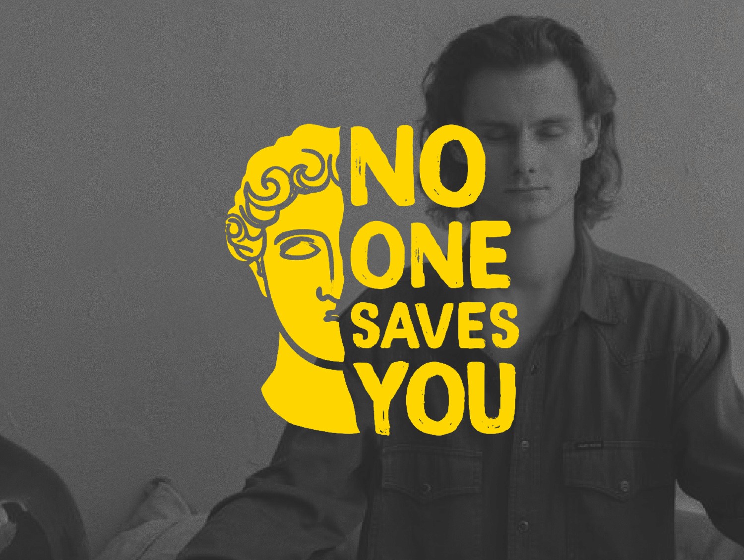 Yellow classical sculpture profile logo with 'NO ONE SAVES YOU' typography against grayscale portrait background, demonstrating modern brand identity design with vintage elements.