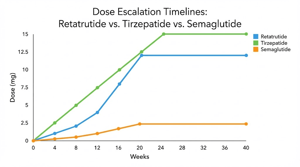Retatrutide dose schedule compared to tirzepatide and semaglutide titration timelines