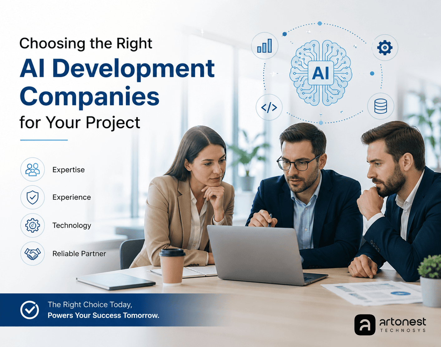 Business team reviewing AI development strategy on a laptop with digital AI icons, representing choosing the right AI development company at Artonest 