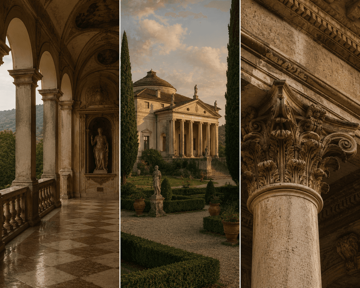 A three-panel collage capturing the timeless classical architecture of a historic Italian villa. The left panel shows an arched stone loggia with a checkered marble floor, vaulted ceiling frescoes, and a statue set in a wall niche overlooking a distant hillside. The middle panel features a wide exterior view of the neoclassical villa at golden hour, complete with a domed roof, portico columns, statues, and cypress trees lining manicured garden hedges. The right panel is a close-up highlighting an intricately carved Corinthian stone column capital.