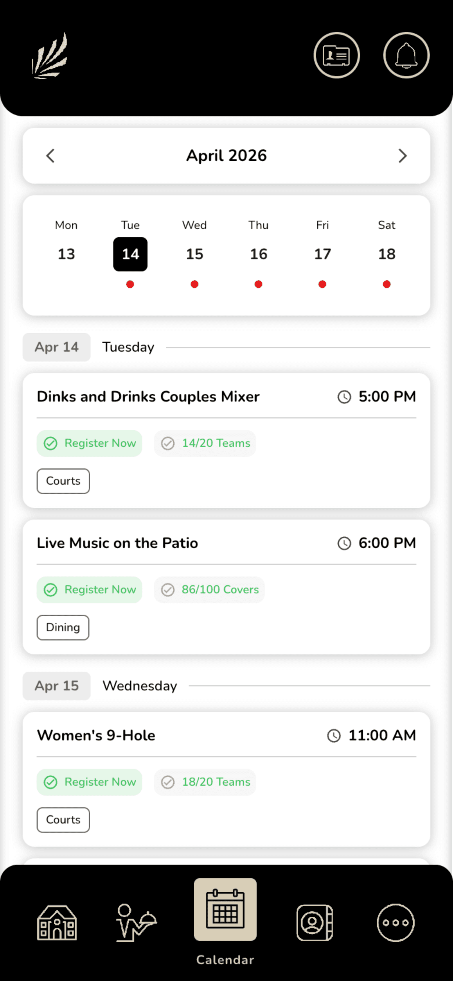 ForeTees club calendar page on the ClubCentral app on a mobile device