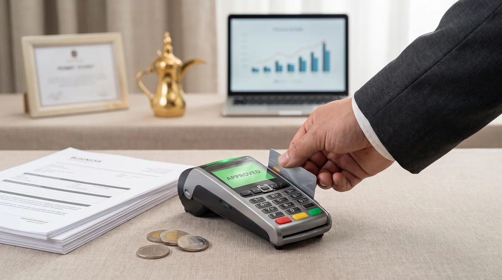 Getting Payment Gateway Approval for a Dubai Store beside an online store on a laptop and a card payment terminal