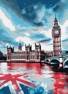 Stylized digital artwork of the iconic Big Ben and the Houses of Parliament in London with a reflection of the Union Jack on the Thames, representing Story Inventory's English language content services for the UK market.