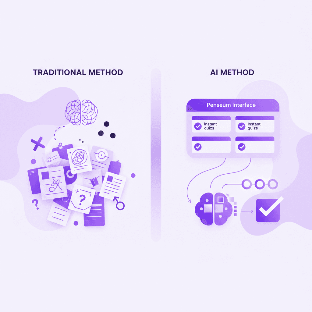 Split screen graphic. Left side: "Traditional Method" showing messy notes and a stressed student. Right side: "AI Method" showing Penseum interface with instant quizzes.