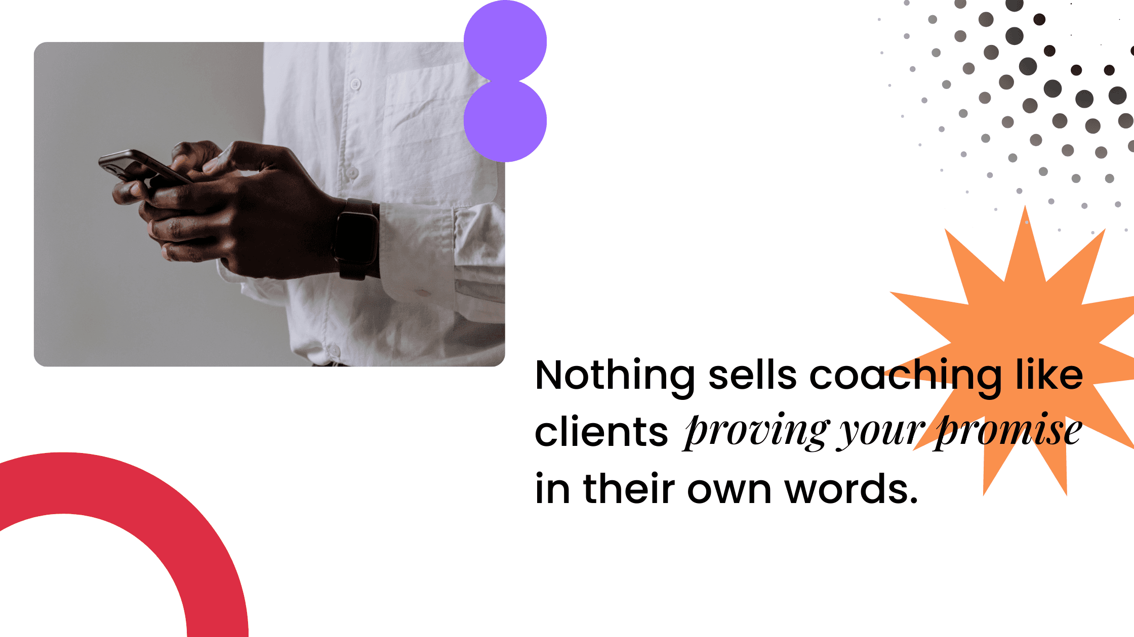 Coach reviewing a client testimonial on a phone, highlighting how real client results and words sell coaching better than claims.