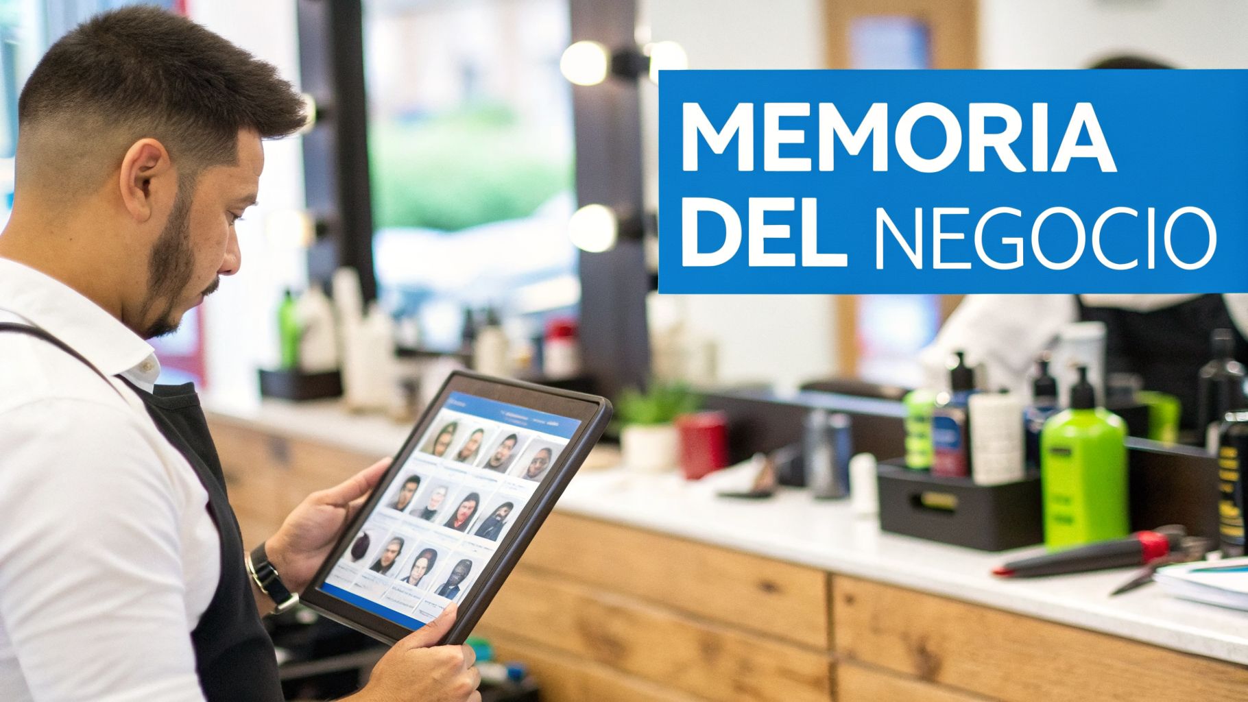 Barbero gestionando su negocio en una tableta, revisando perfiles de clientes en un salón moderno.