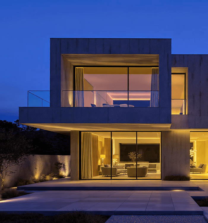 Modern house at dusk with large glass windows, warmly lit interior, and sleek geometric design. The serene evening sky enhances the tranquil ambiance.