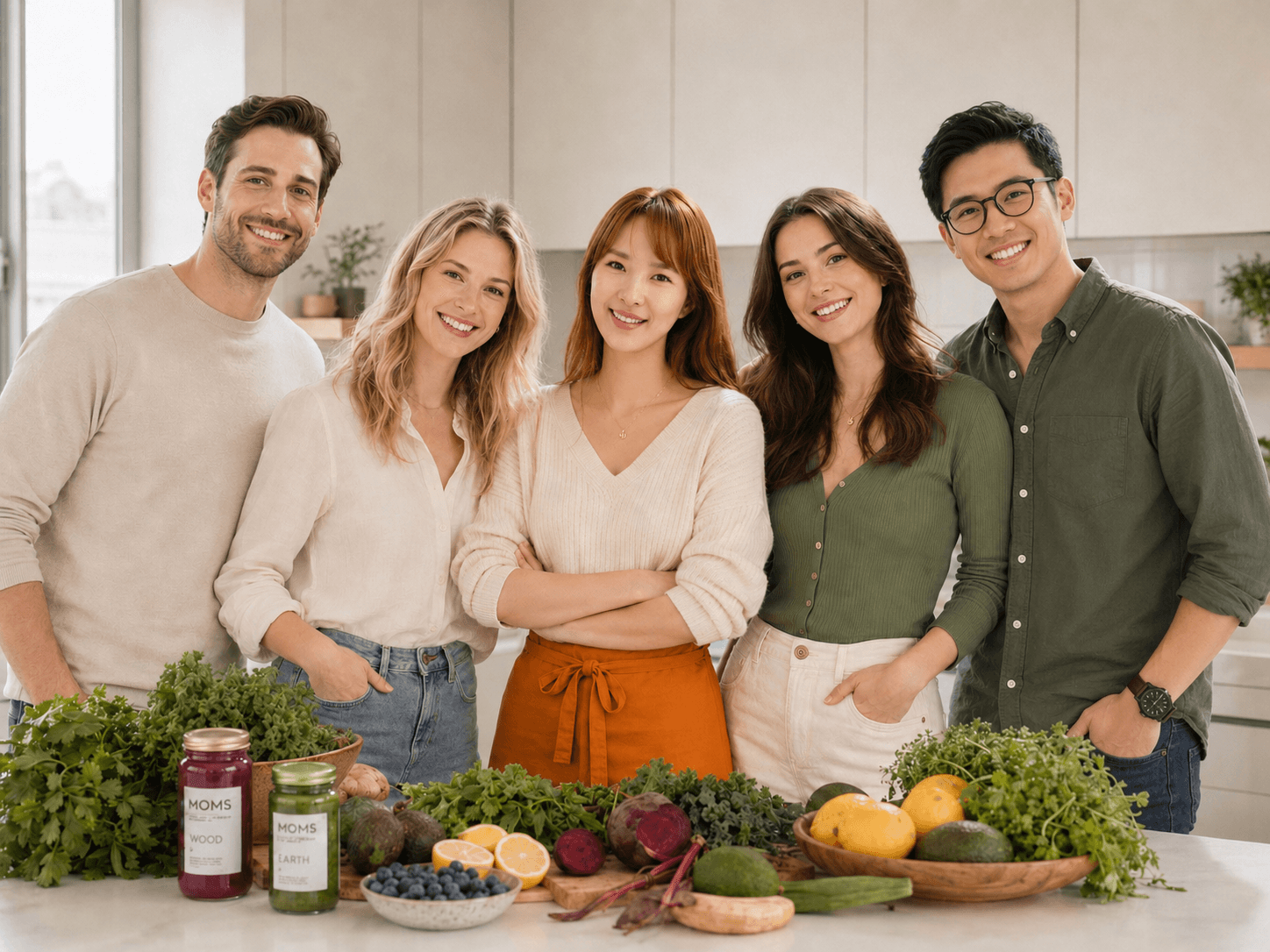 MOMS Plan team members standing together in a kitchen with fresh ingredients