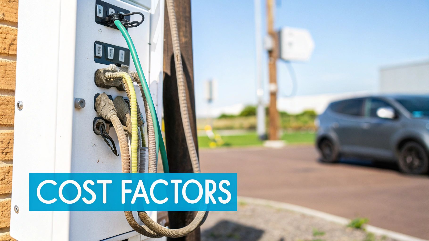 An outdoor electric vehicle charging station with cables plugged in, a blurred car, and 'COST FACTORS' text.