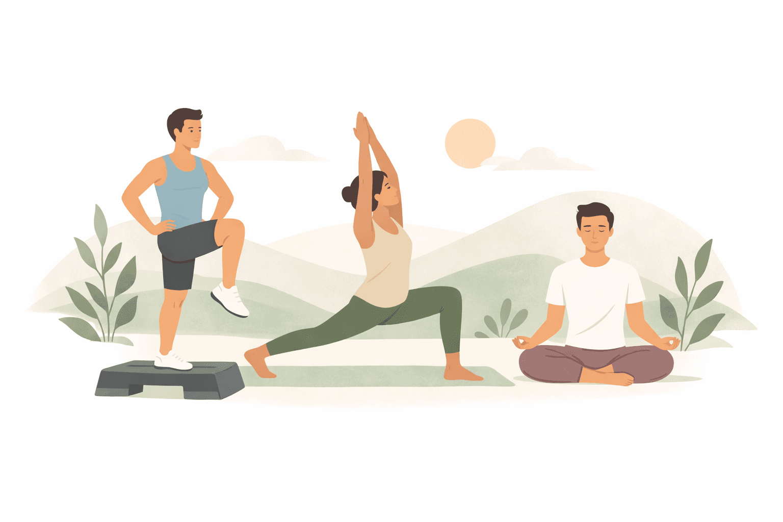 Three people engaged in fitness: one stretching, one exercising, and one meditating in a serene landscape.