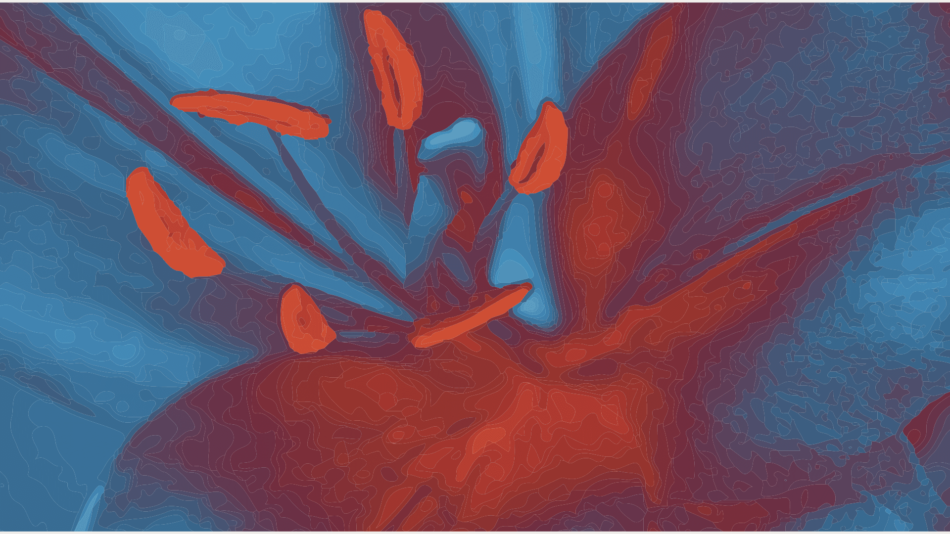 Composition abstraite dynamique mêlant des tonalités de bleu et de rouge, évoquant une fusion entre formes et couleurs. L'image, avec ses lignes fluides et ses contours sinueux, symbolise un mouvement constant et un échange visuel entre l'harmonie et la rupture. Une représentation parfaite pour un projet artistique à la Biennale, mettant en avant l'idée de transformation et de fluidité créative.