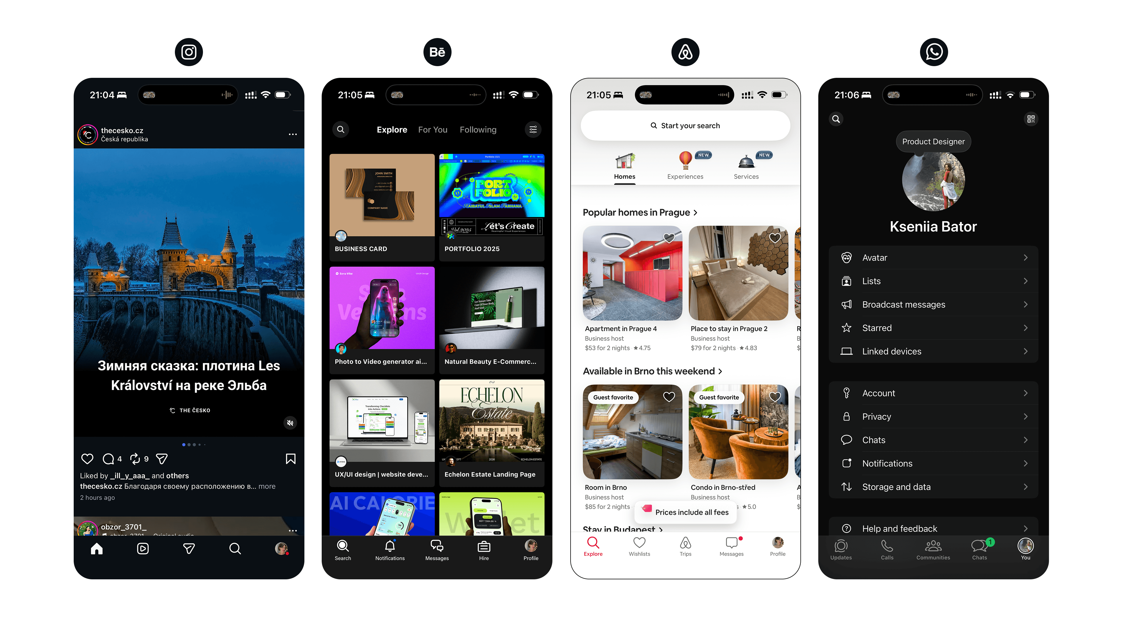 Side-by-side comparison of four popular mobile apps: Instagram, Behance, Airbnb, and WhatsApp. The screenshot demonstrates how strict adherence to design patterns results in identical structural layouts across different industries - featuring nearly identical bottom navigation bars, top headers, and list views.