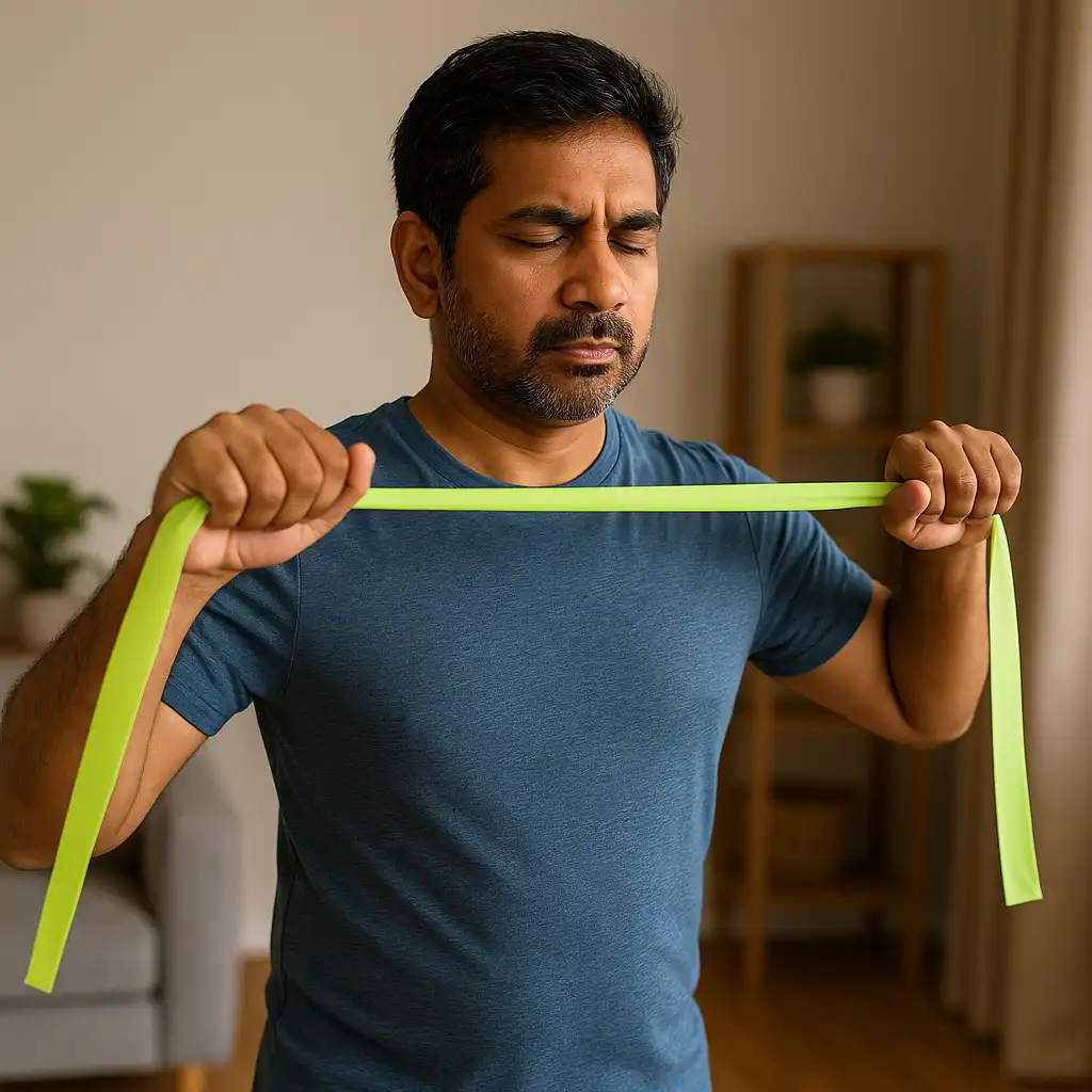 A man performing a resistance band exercise with eyes closed, focusing on improving posture and shoulder stability during therapy.