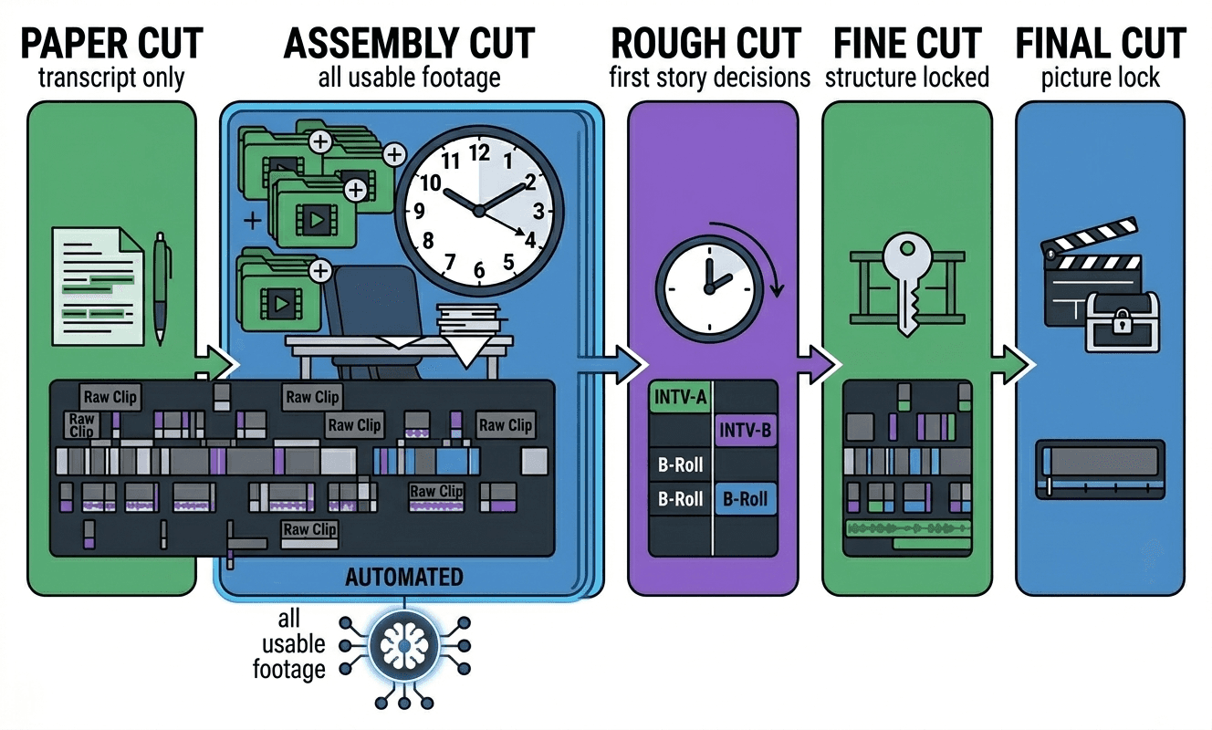 Five-stage editorial workflow diagram showing the progression from paper cut through assembly cut, rough cut, fine cut, to final cut, with the assembly cut stage highlighted as automated by Selects
