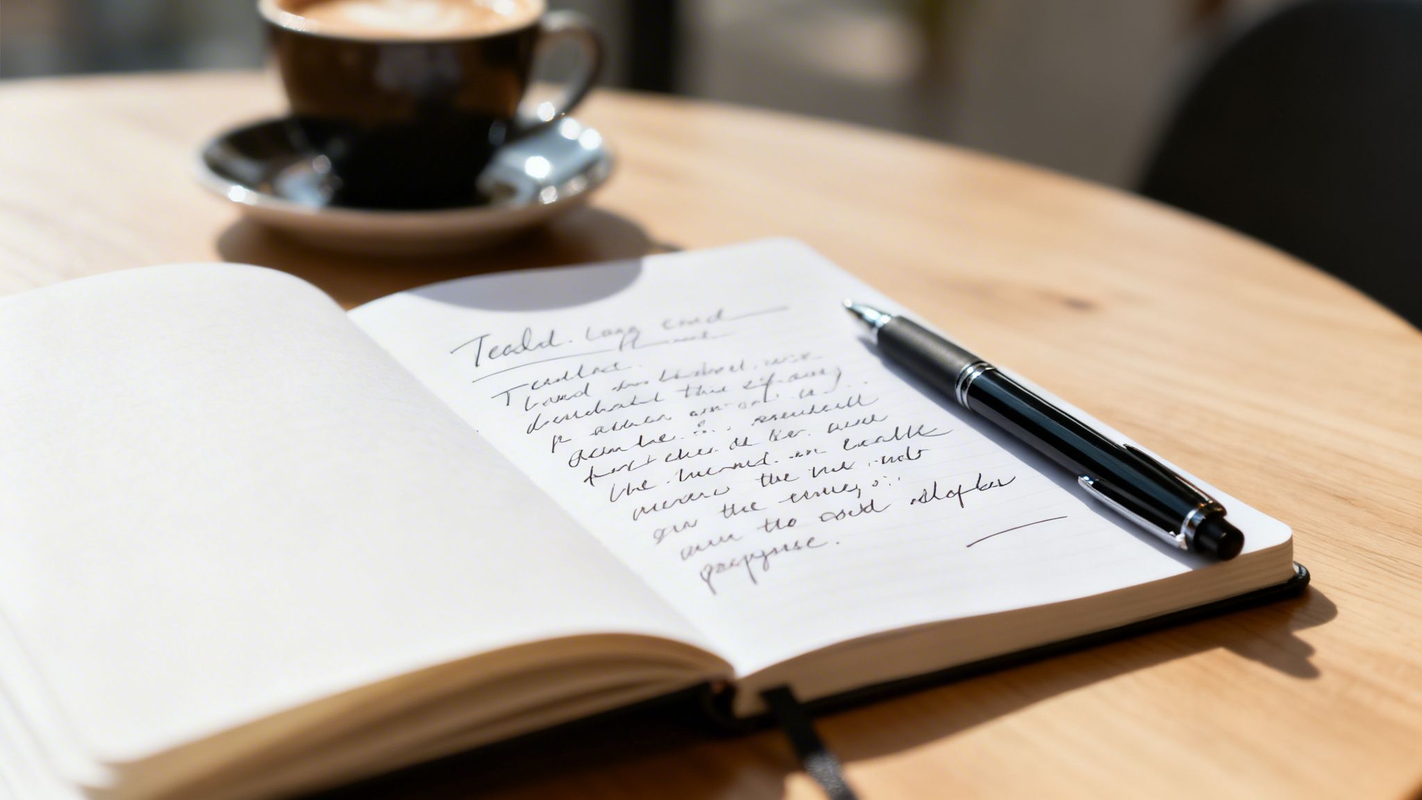 A black pen rests on an open notebook with handwritten notes on a wooden table, next to a coffee cup.